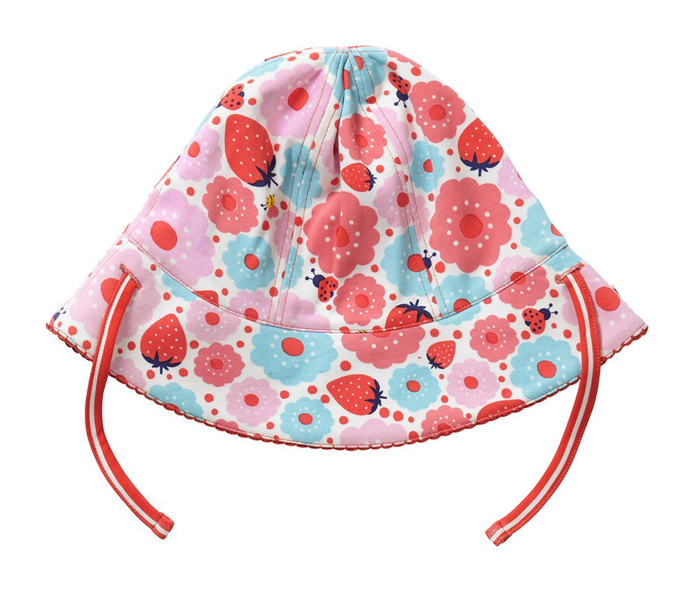 PICCALILLY Oboustranný klobouček jahůdky/kytičky biobavlna