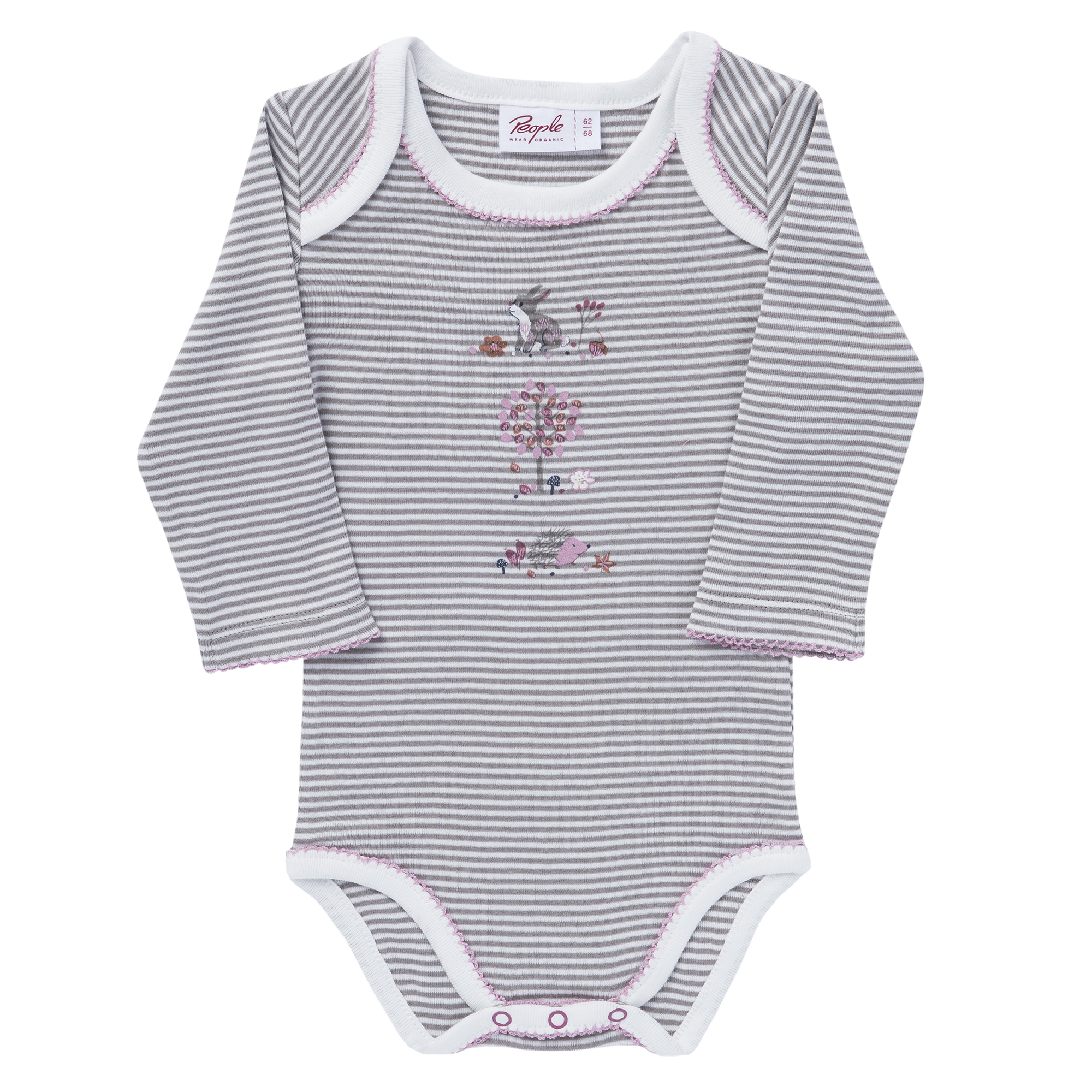 PEOPLE WEAR ORGANIC Šedé proužkované body s králíčkem biobavlna
